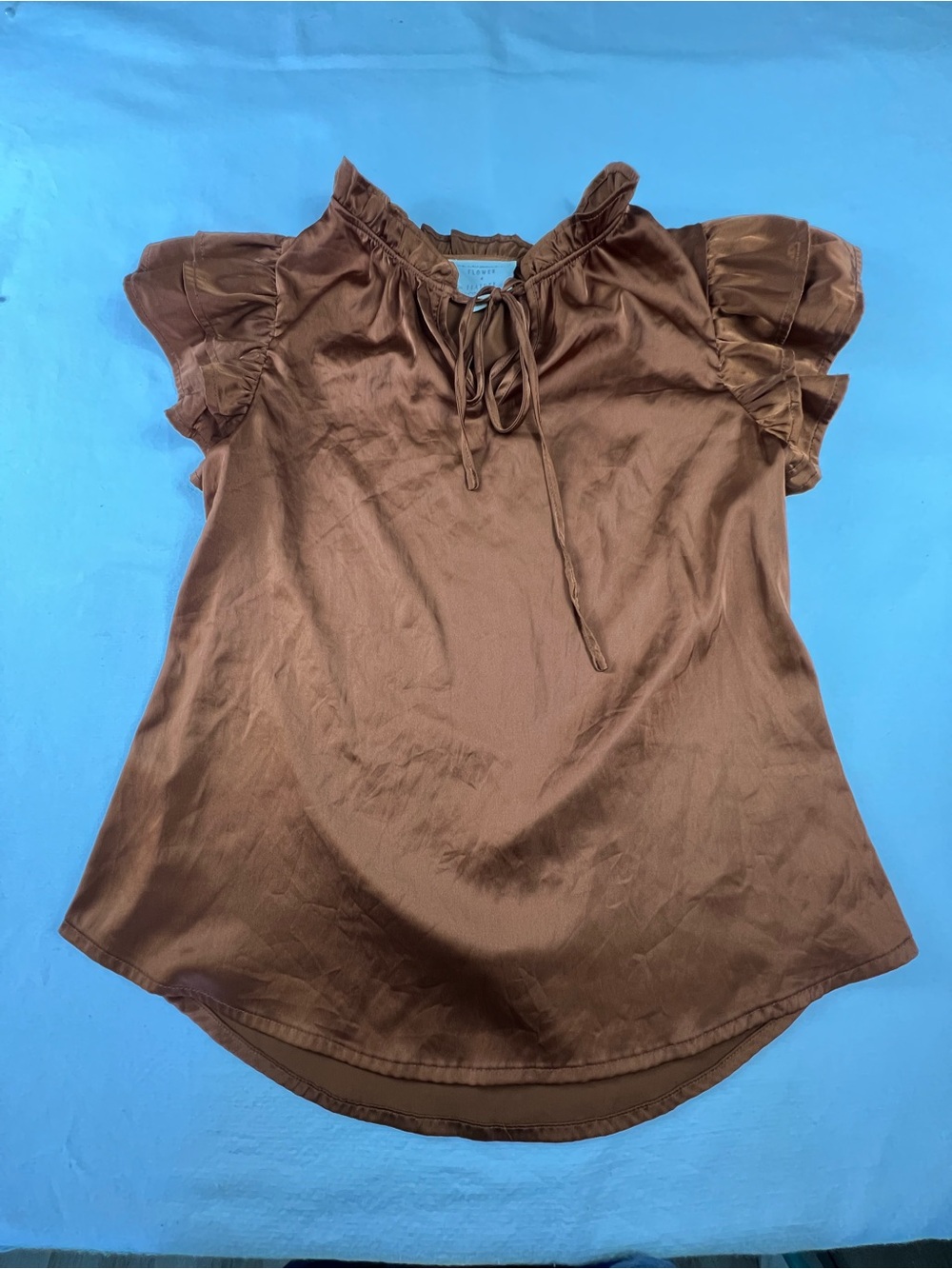 Flower and Feather- Women’s Copper Satin Ruffle Tie-Neck Blouse